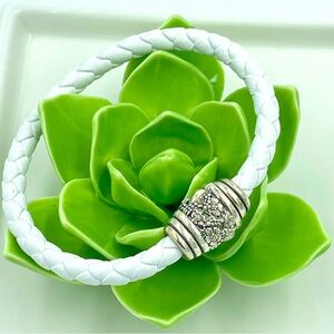 JAI Silver Woven Leather Cherry Blossom Bracelet NIB